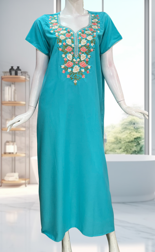 Sea Green Parsi Embroidery Soft Cotton Nighty. Soft Breathable Fabric | Laces and Frills - Laces and Frills
