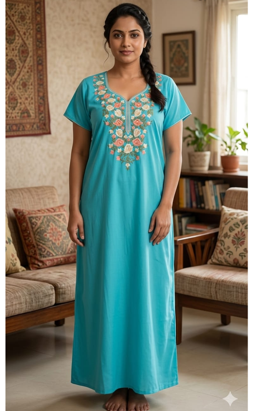 Sea Green Parsi Embroidery Soft Cotton Nighty. Soft Breathable Fabric | Laces and Frills - Laces and Frills