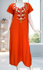Orange Parsi Embroidery Soft Cotton Nighty. Soft Breathable Fabric | Laces and Frills - Laces and Frills