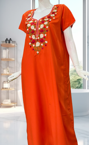Orange Parsi Embroidery Soft Cotton Nighty. Soft Breathable Fabric | Laces and Frills - Laces and Frills