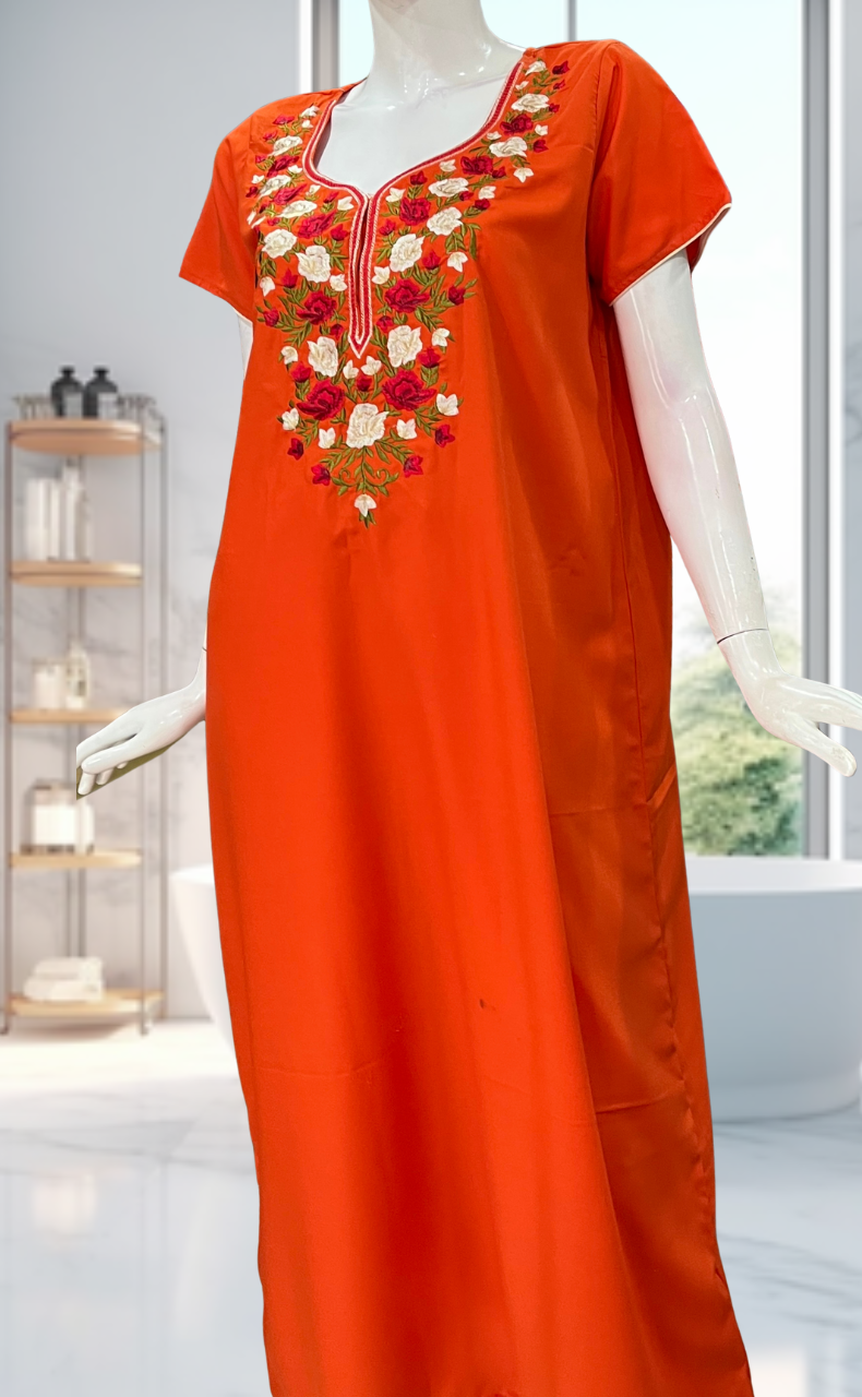 Orange Parsi Embroidery Soft Cotton Nighty. Soft Breathable Fabric | Laces and Frills - Laces and Frills