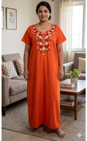 Orange Parsi Embroidery Soft Cotton Nighty. Soft Breathable Fabric | Laces and Frills - Laces and Frills