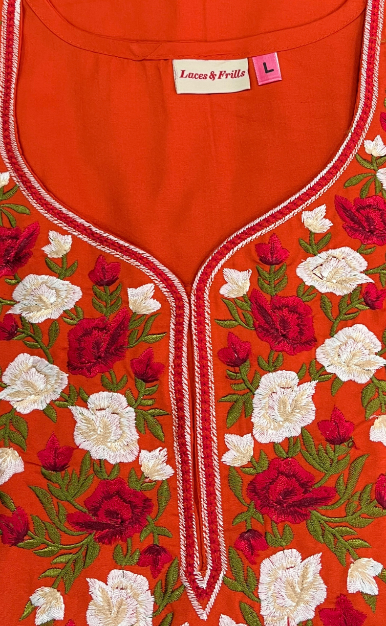 Orange Parsi Embroidery Soft Cotton Nighty. Soft Breathable Fabric | Laces and Frills - Laces and Frills