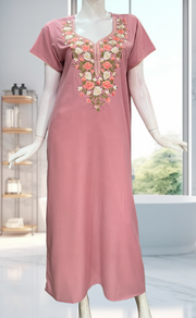 Onion Pink Parsi Embroidery Soft Cotton Nighty. Soft Breathable Fabric | Laces and Frills - Laces and Frills