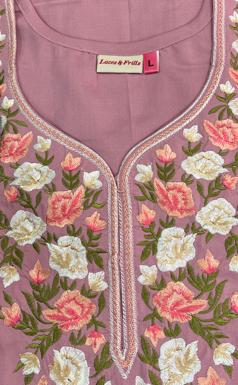Onion Pink Parsi Embroidery Soft Cotton Nighty. Soft Breathable Fabric | Laces and Frills - Laces and Frills