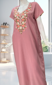 Onion Pink Parsi Embroidery Soft Cotton Nighty. Soft Breathable Fabric | Laces and Frills - Laces and Frills