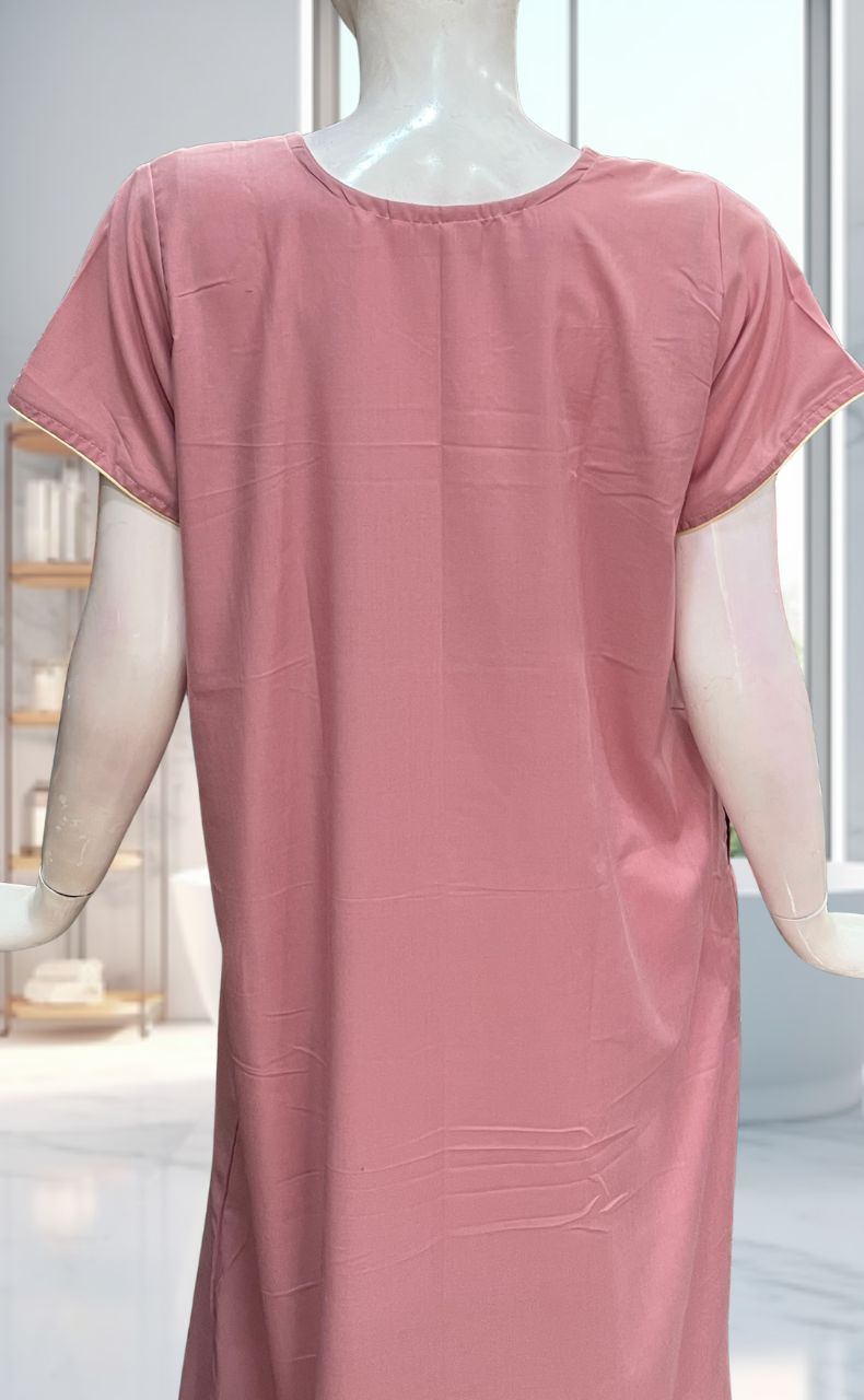 Onion Pink Parsi Embroidery Soft Cotton Nighty. Soft Breathable Fabric | Laces and Frills - Laces and Frills