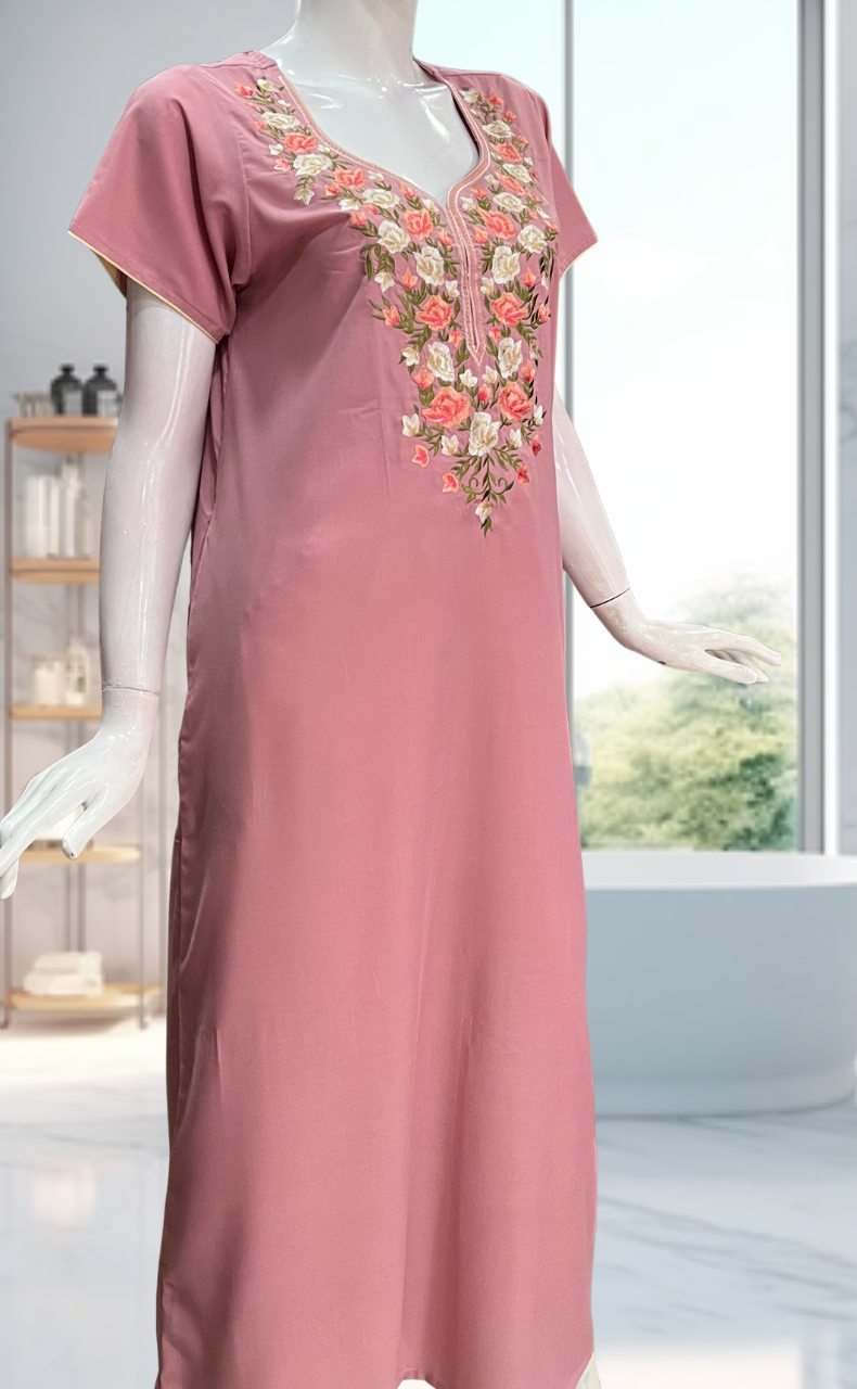 Onion Pink Parsi Embroidery Soft Cotton Nighty. Soft Breathable Fabric | Laces and Frills - Laces and Frills