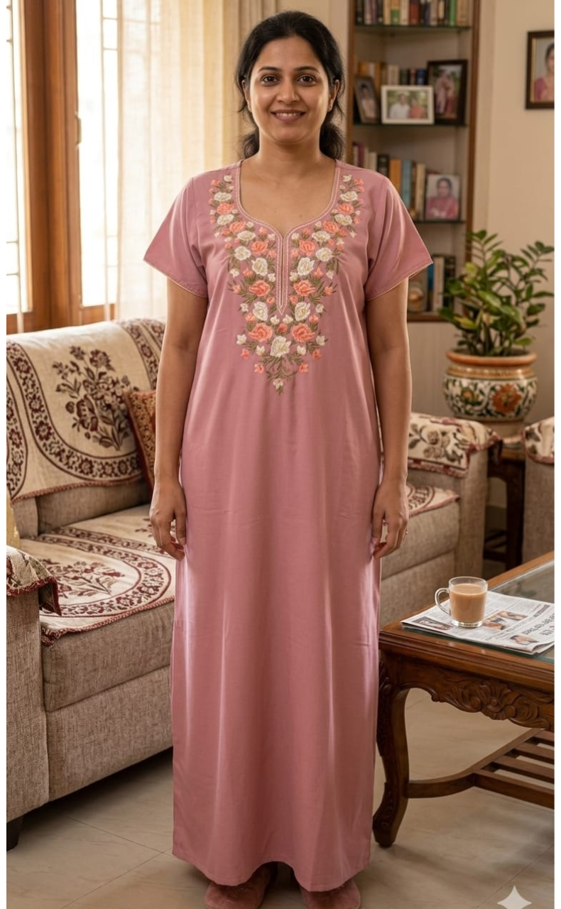 Onion Pink Parsi Embroidery Soft Cotton Nighty. Soft Breathable Fabric | Laces and Frills - Laces and Frills