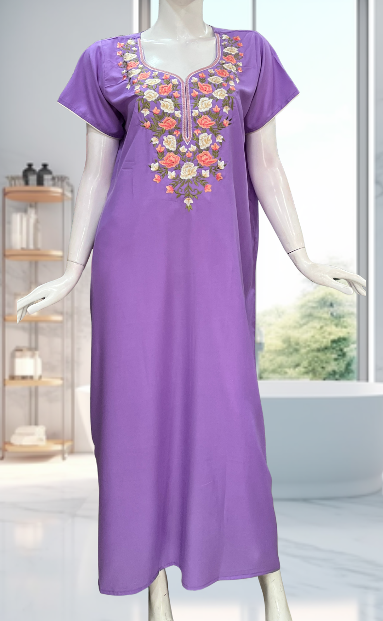 Lavender Parsi Embroidery Soft Cotton Nighty. Soft Breathable Fabric | Laces and Frills - Laces and Frills