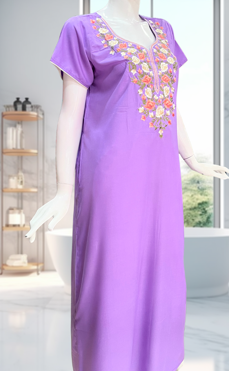 Lavender Parsi Embroidery Soft Cotton Nighty. Soft Breathable Fabric | Laces and Frills - Laces and Frills