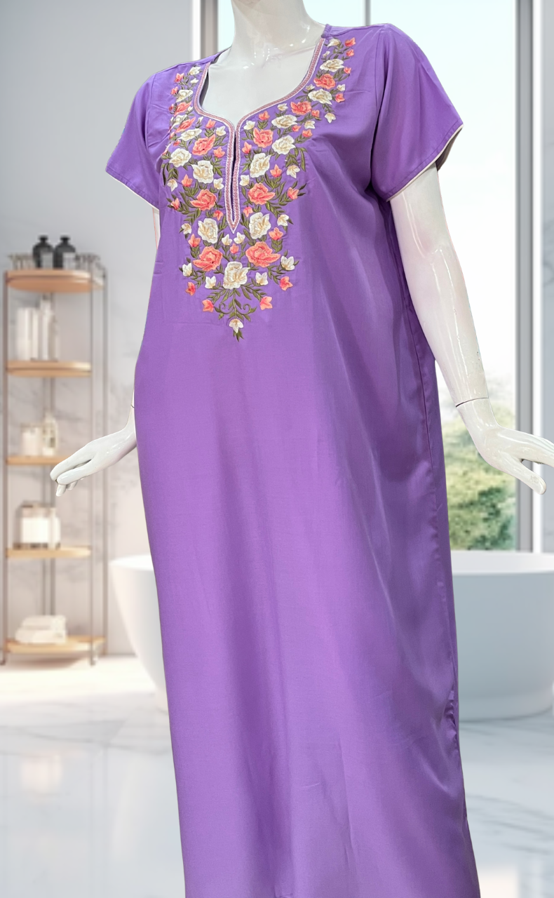 Lavender Parsi Embroidery Soft Cotton Nighty. Soft Breathable Fabric | Laces and Frills - Laces and Frills