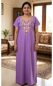 Lavender Parsi Embroidery Soft Cotton Nighty. Soft Breathable Fabric | Laces and Frills - Laces and Frills