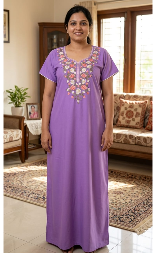 Lavender Parsi Embroidery Soft Cotton Nighty. Soft Breathable Fabric | Laces and Frills - Laces and Frills