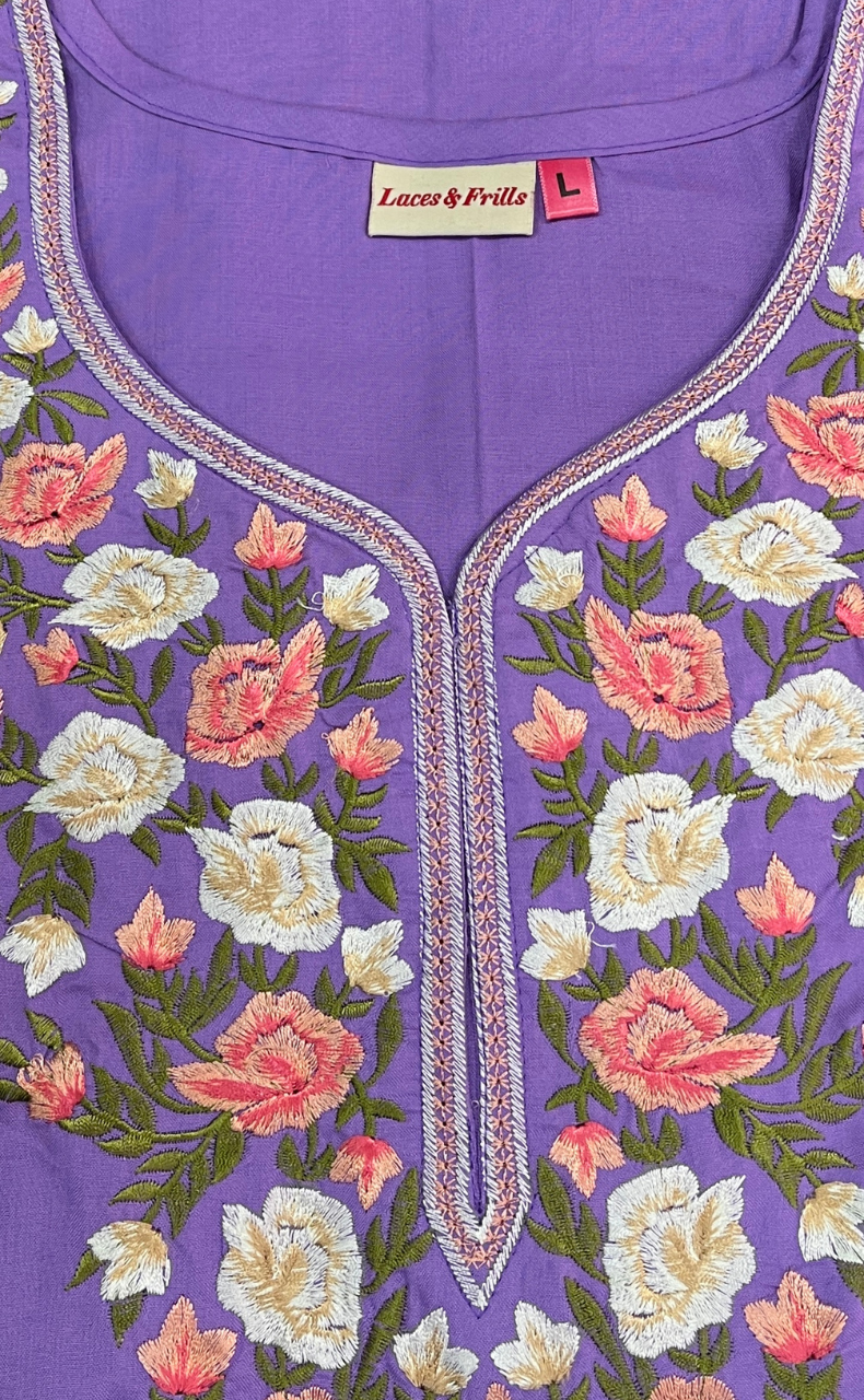 Lavender Parsi Embroidery Soft Cotton Nighty. Soft Breathable Fabric | Laces and Frills - Laces and Frills