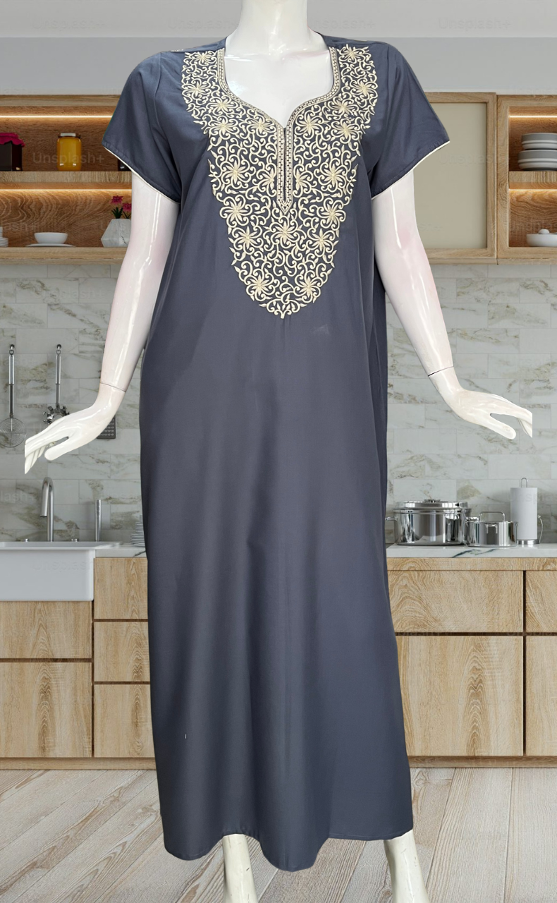 Grey Lucknowi Embroidery Soft Cotton Nighty. Soft Breathable Fabric | Laces and Frills