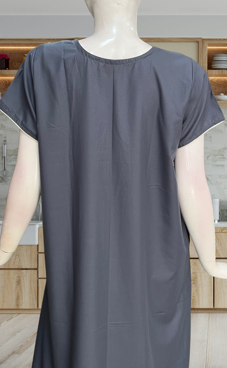 Grey Lucknowi Embroidery Soft Cotton Nighty. Soft Breathable Fabric | Laces and Frills