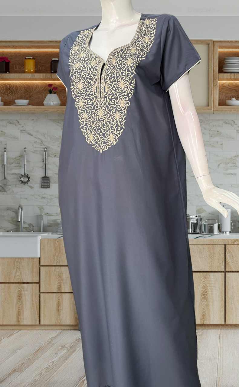 Grey Lucknowi Embroidery Soft Cotton Nighty. Soft Breathable Fabric | Laces and Frills