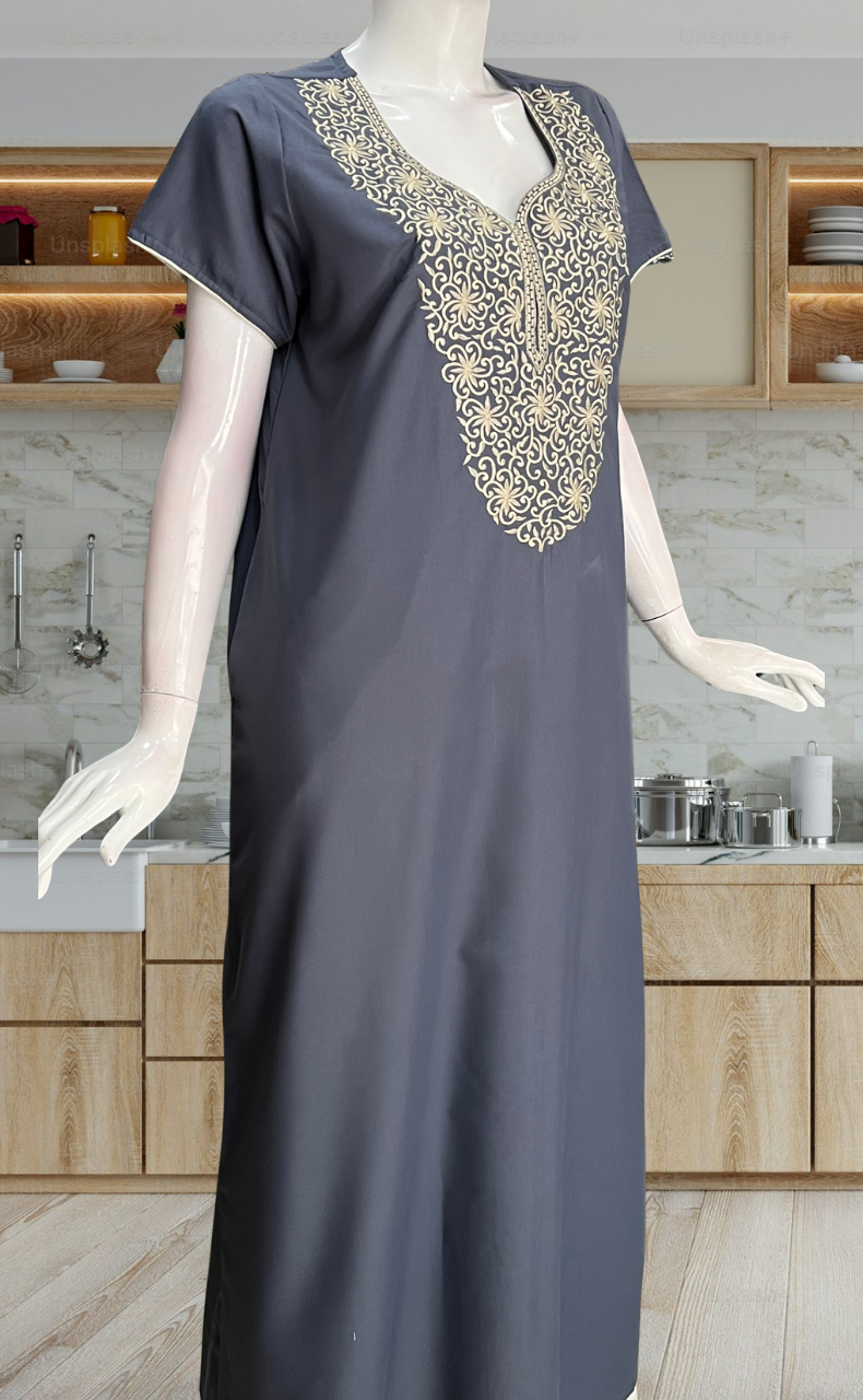 Grey Lucknowi Embroidery Soft Cotton Nighty. Soft Breathable Fabric | Laces and Frills