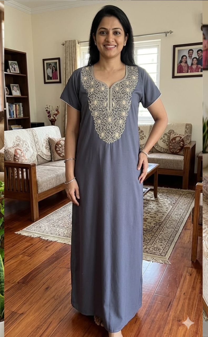 Grey Lucknowi Embroidery Soft Cotton Nighty. Soft Breathable Fabric | Laces and Frills
