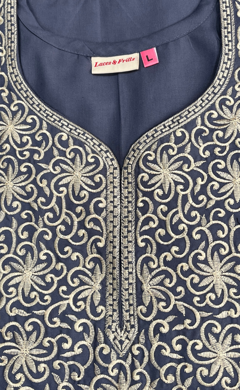 Grey Lucknowi Embroidery Soft Cotton Nighty. Soft Breathable Fabric | Laces and Frills