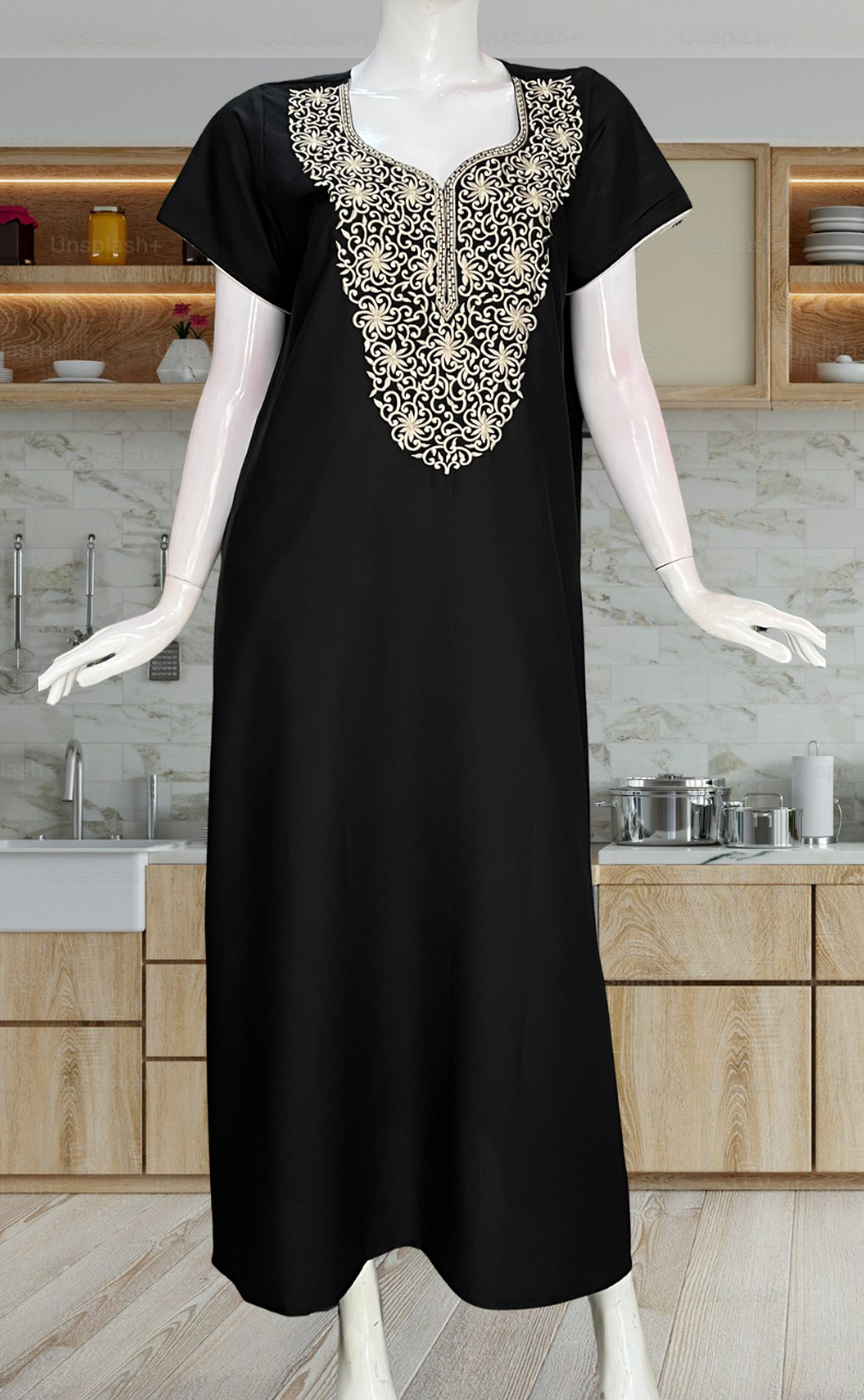 Black Lucknowi Embroidery Soft Cotton Nighty. Soft Breathable Fabric | Laces and Frills