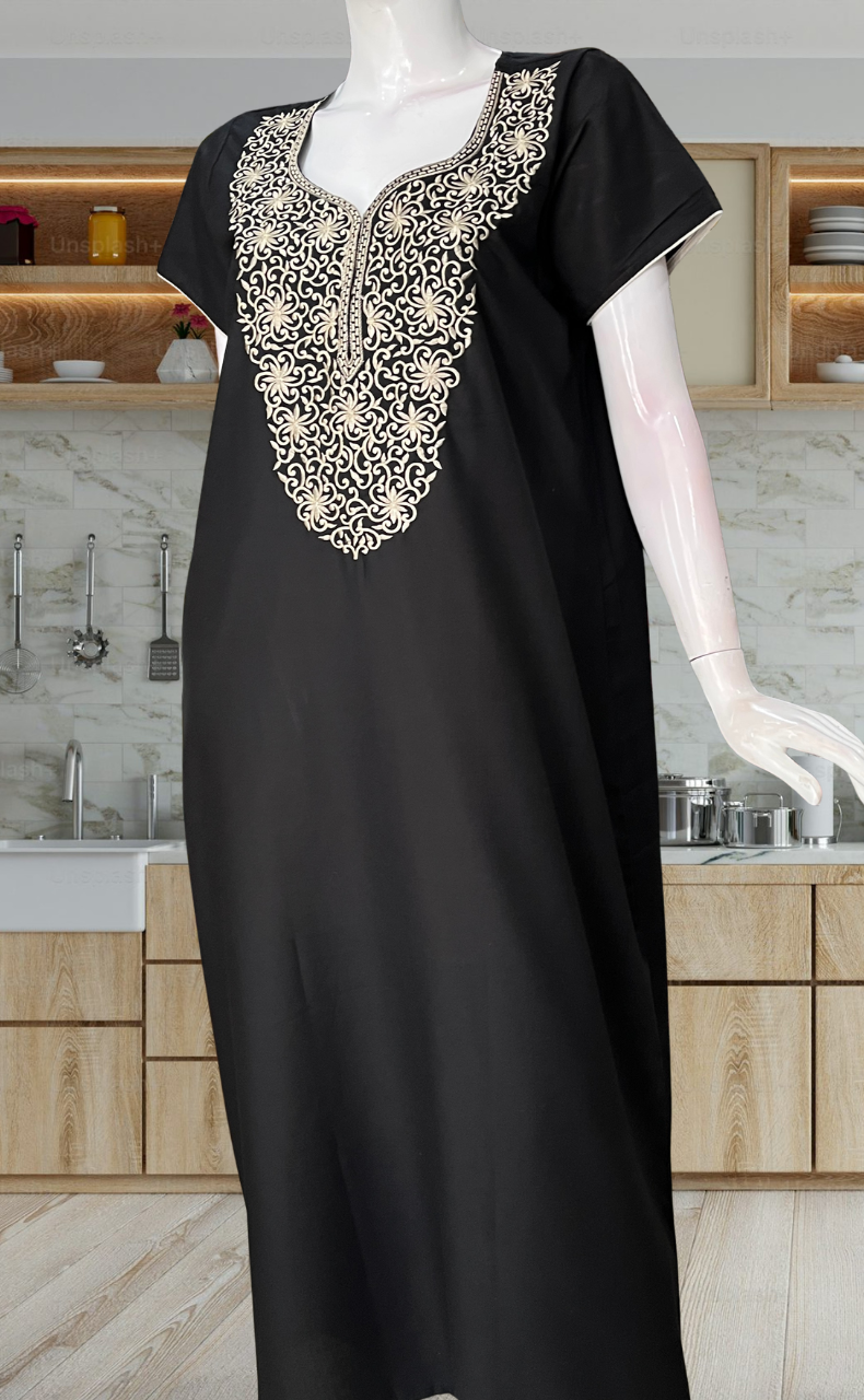 Black Lucknowi Embroidery Soft Cotton Nighty. Soft Breathable Fabric | Laces and Frills