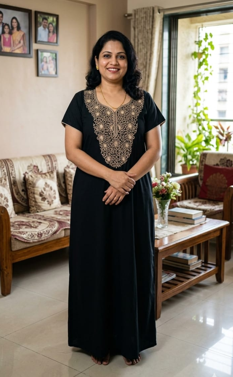 Black Lucknowi Embroidery Soft Cotton Nighty. Soft Breathable Fabric | Laces and Frills