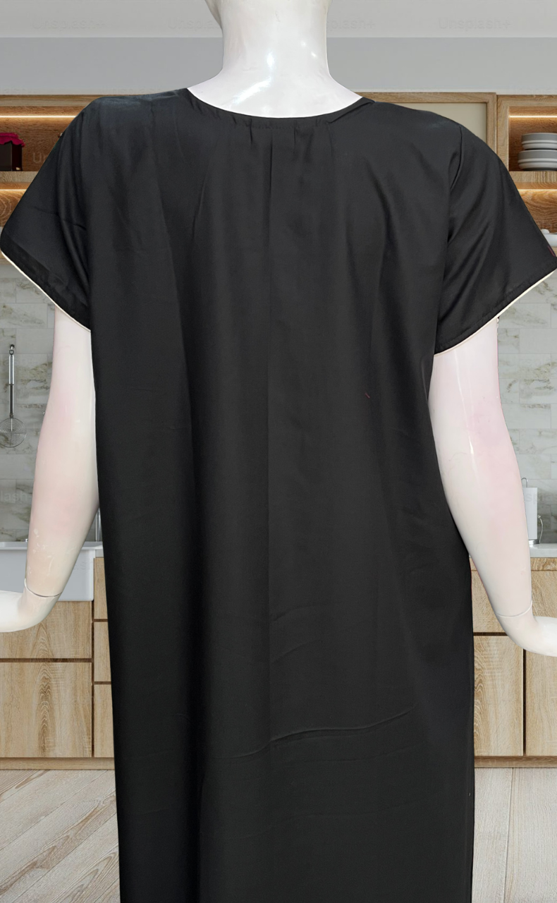 Black Lucknowi Embroidery Soft Cotton Nighty. Soft Breathable Fabric | Laces and Frills