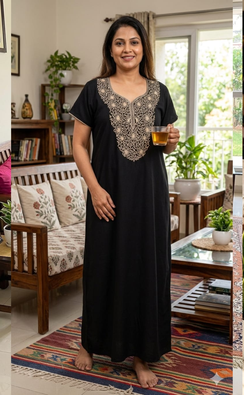 Black Lucknowi Embroidery Soft Cotton Nighty. Soft Breathable Fabric | Laces and Frills
