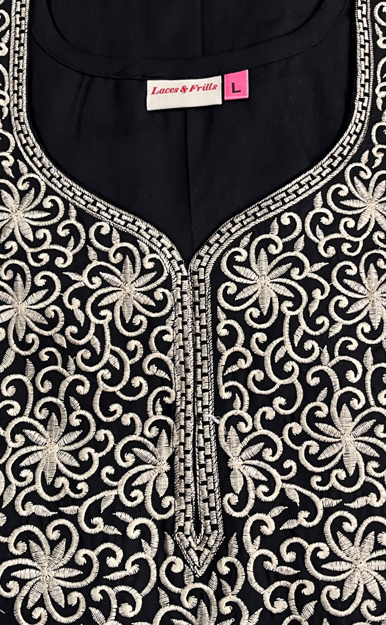 Black Lucknowi Embroidery Soft Cotton Nighty. Soft Breathable Fabric | Laces and Frills