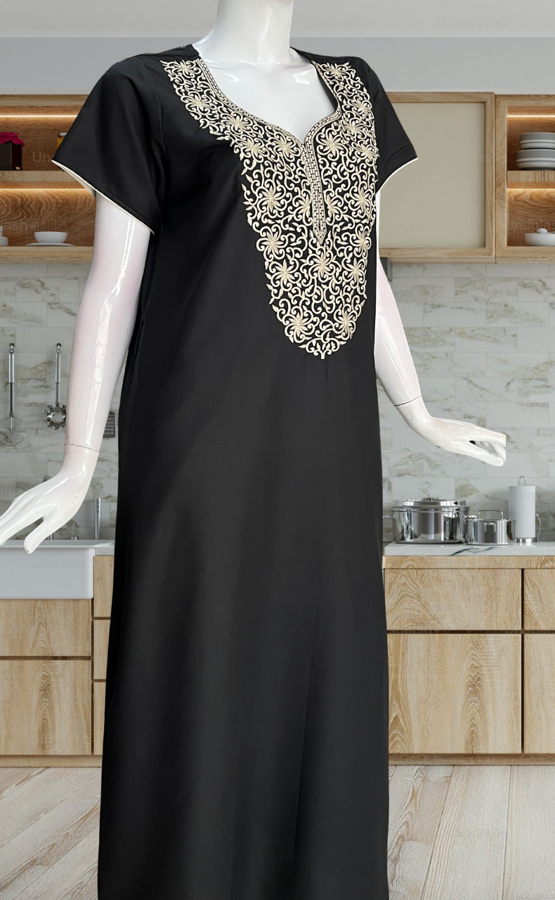 Black Lucknowi Embroidery Soft Cotton Nighty. Soft Breathable Fabric | Laces and Frills