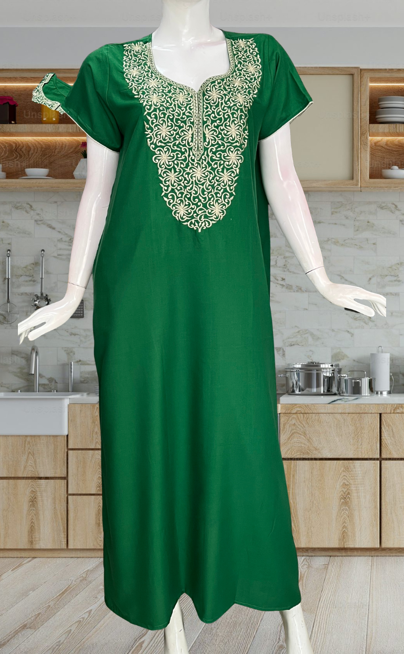 Green Lucknowi Embroidery Soft Cotton Nighty. Soft Breathable Fabric | Laces and Frills
