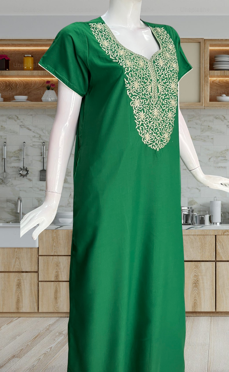 Green Lucknowi Embroidery Soft Cotton Nighty. Soft Breathable Fabric | Laces and Frills