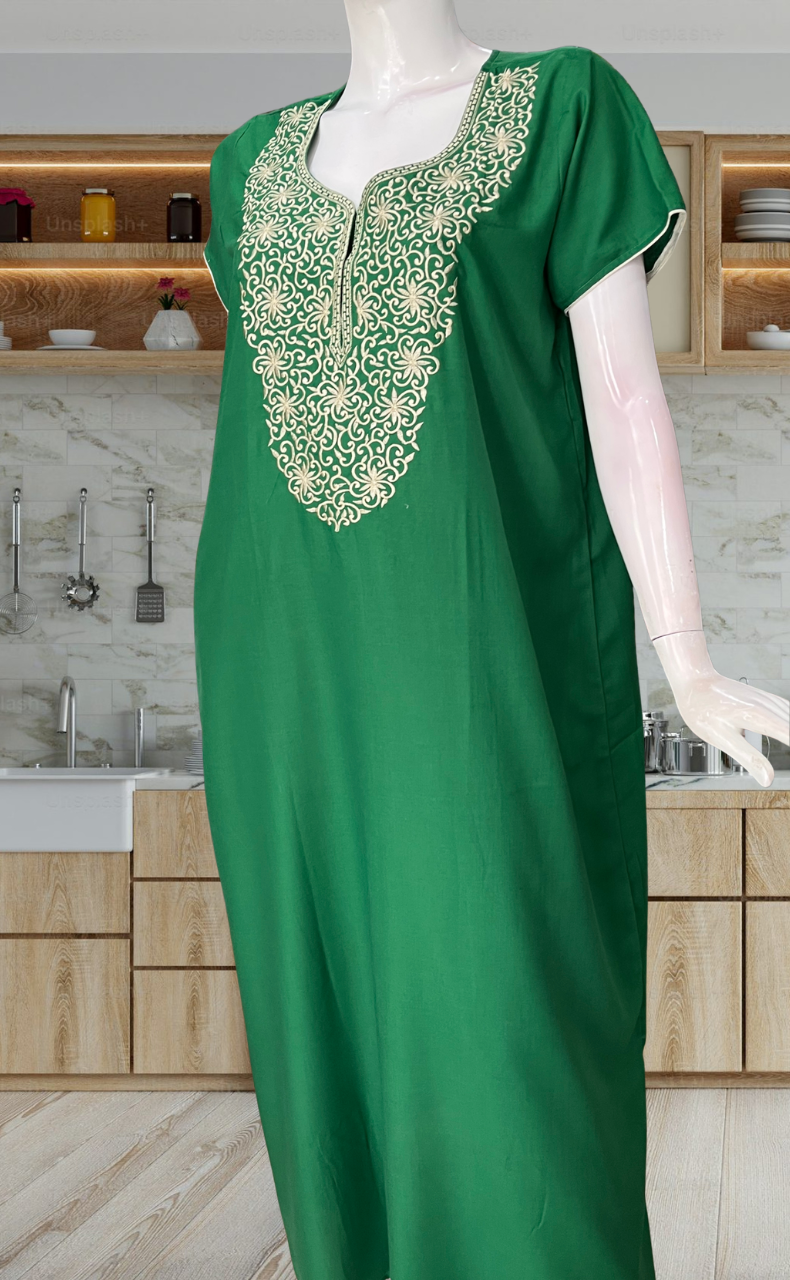 Green Lucknowi Embroidery Soft Cotton Nighty. Soft Breathable Fabric | Laces and Frills