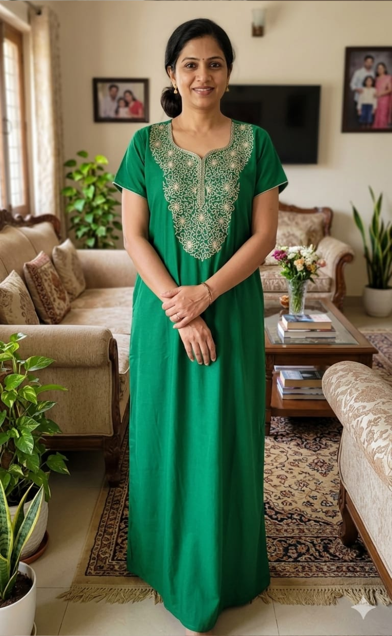 Green Lucknowi Embroidery Soft Cotton Nighty. Soft Breathable Fabric | Laces and Frills