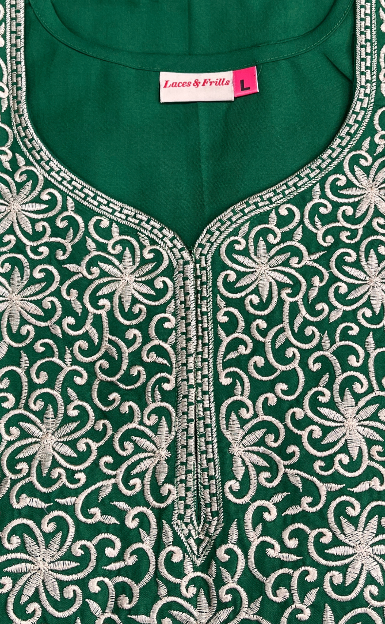 Green Lucknowi Embroidery Soft Cotton Nighty. Soft Breathable Fabric | Laces and Frills