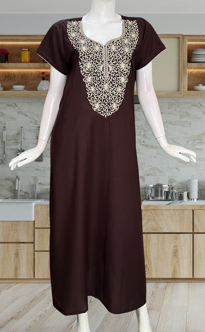Brown Lucknowi Embroidery Soft Cotton Nighty. Soft Breathable Fabric | Laces and Frills