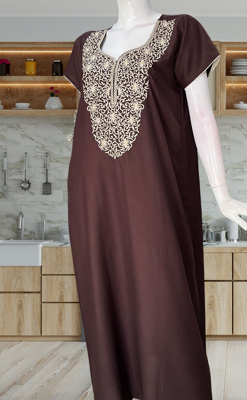 Brown Lucknowi Embroidery Soft Cotton Nighty. Soft Breathable Fabric | Laces and Frills