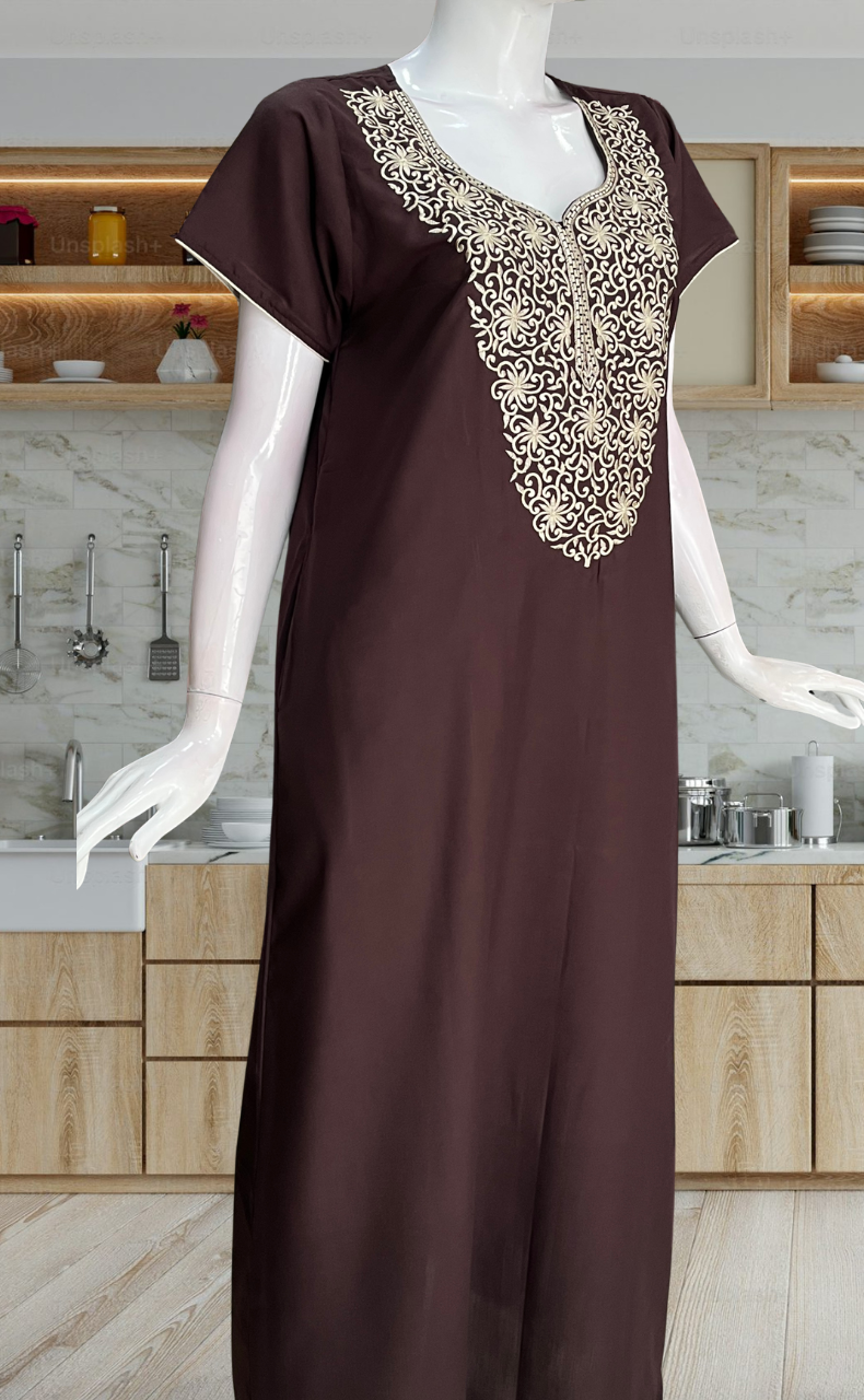 Brown Lucknowi Embroidery Soft Cotton Nighty. Soft Breathable Fabric | Laces and Frills