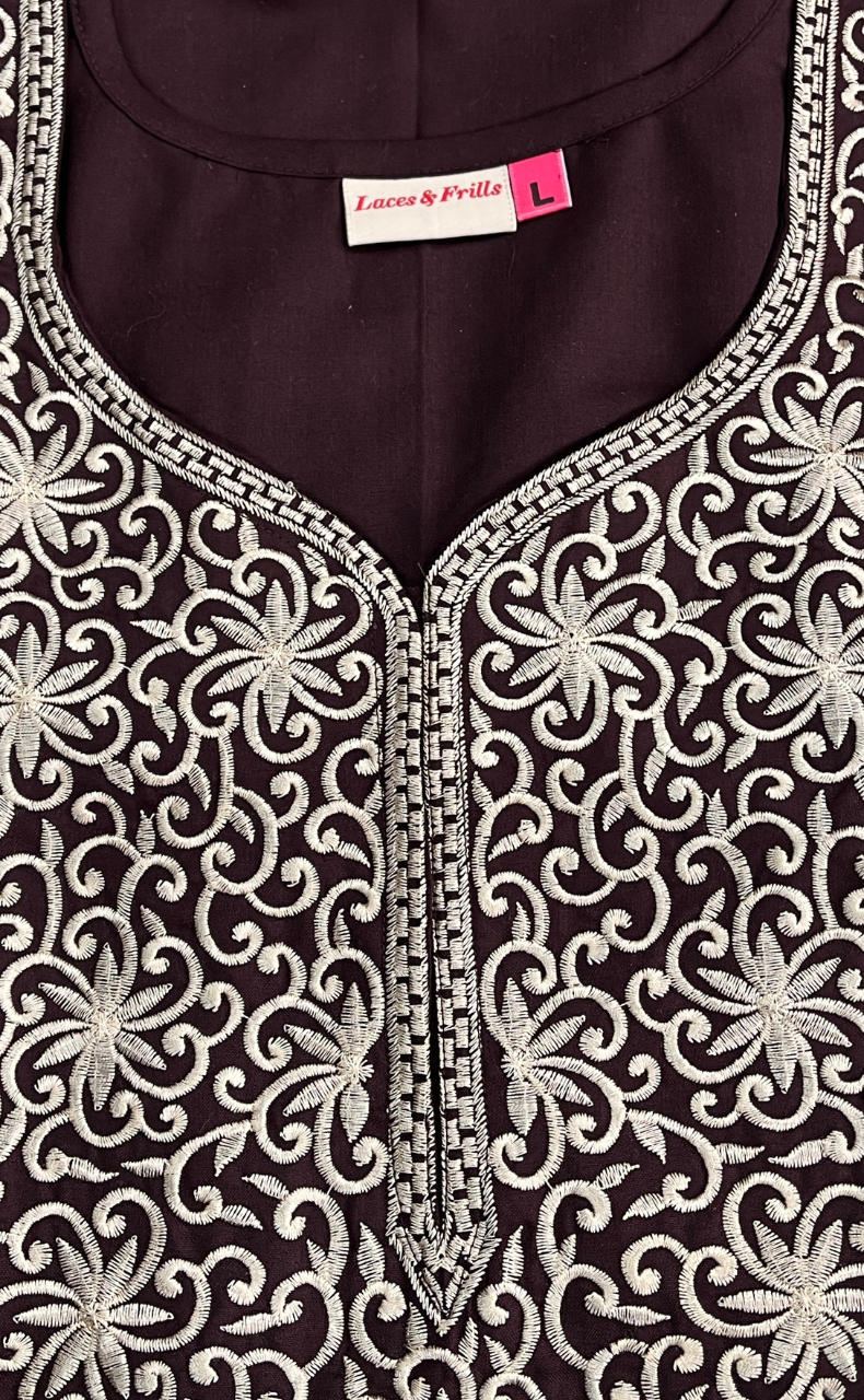 Brown Lucknowi Embroidery Soft Cotton Nighty. Soft Breathable Fabric | Laces and Frills