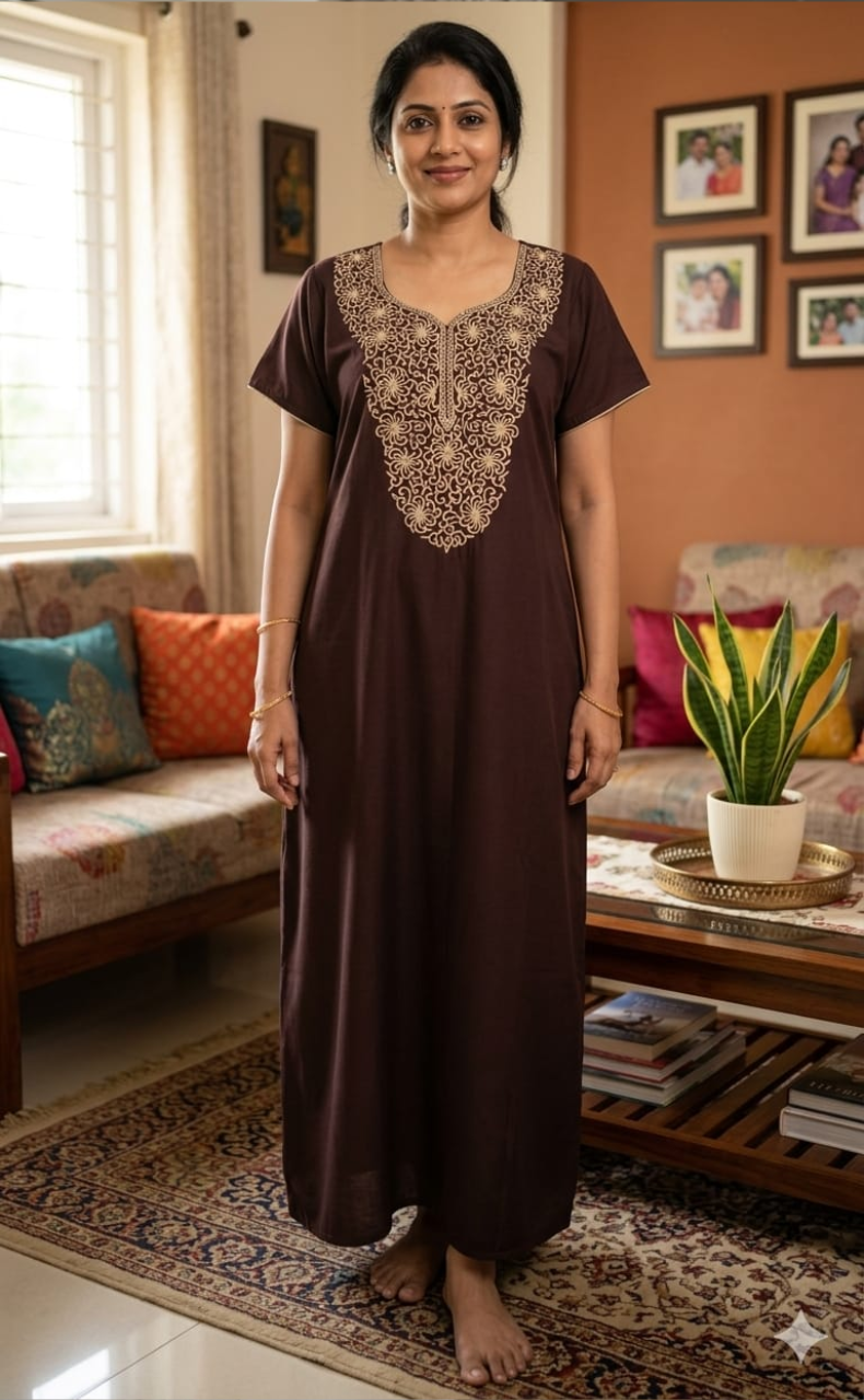 Brown Lucknowi Embroidery Soft Cotton Nighty. Soft Breathable Fabric | Laces and Frills