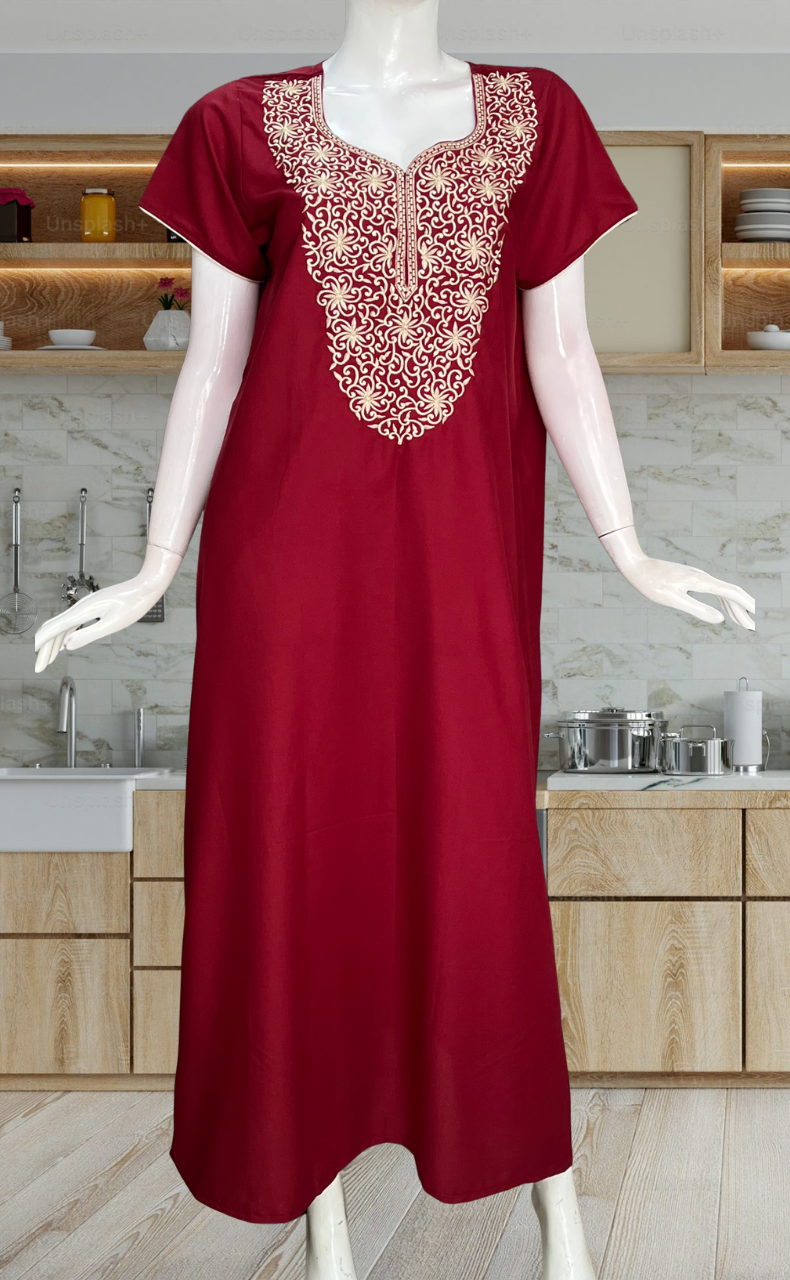 Maroon Lucknowi Embroidery Soft Cotton Nighty. Soft Breathable Fabric | Laces and Frills