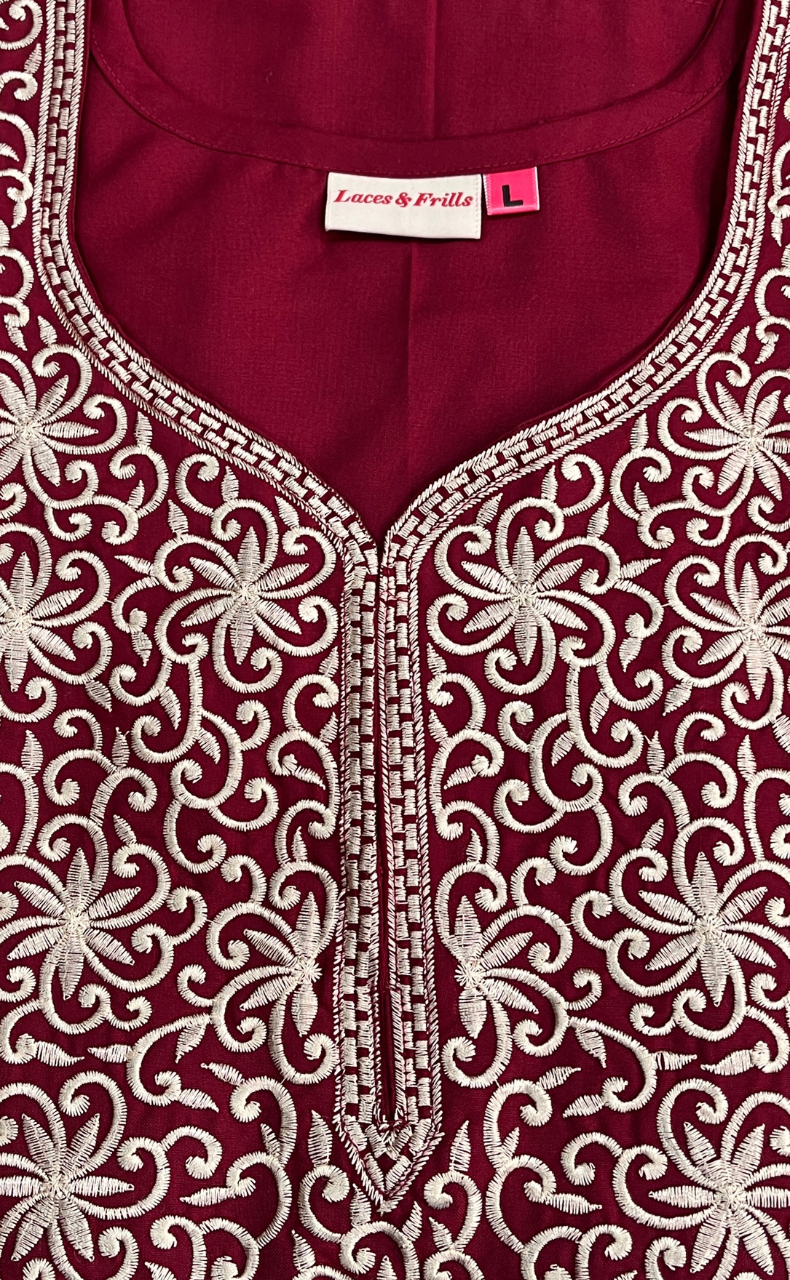 Maroon Lucknowi Embroidery Soft Cotton Nighty. Soft Breathable Fabric | Laces and Frills