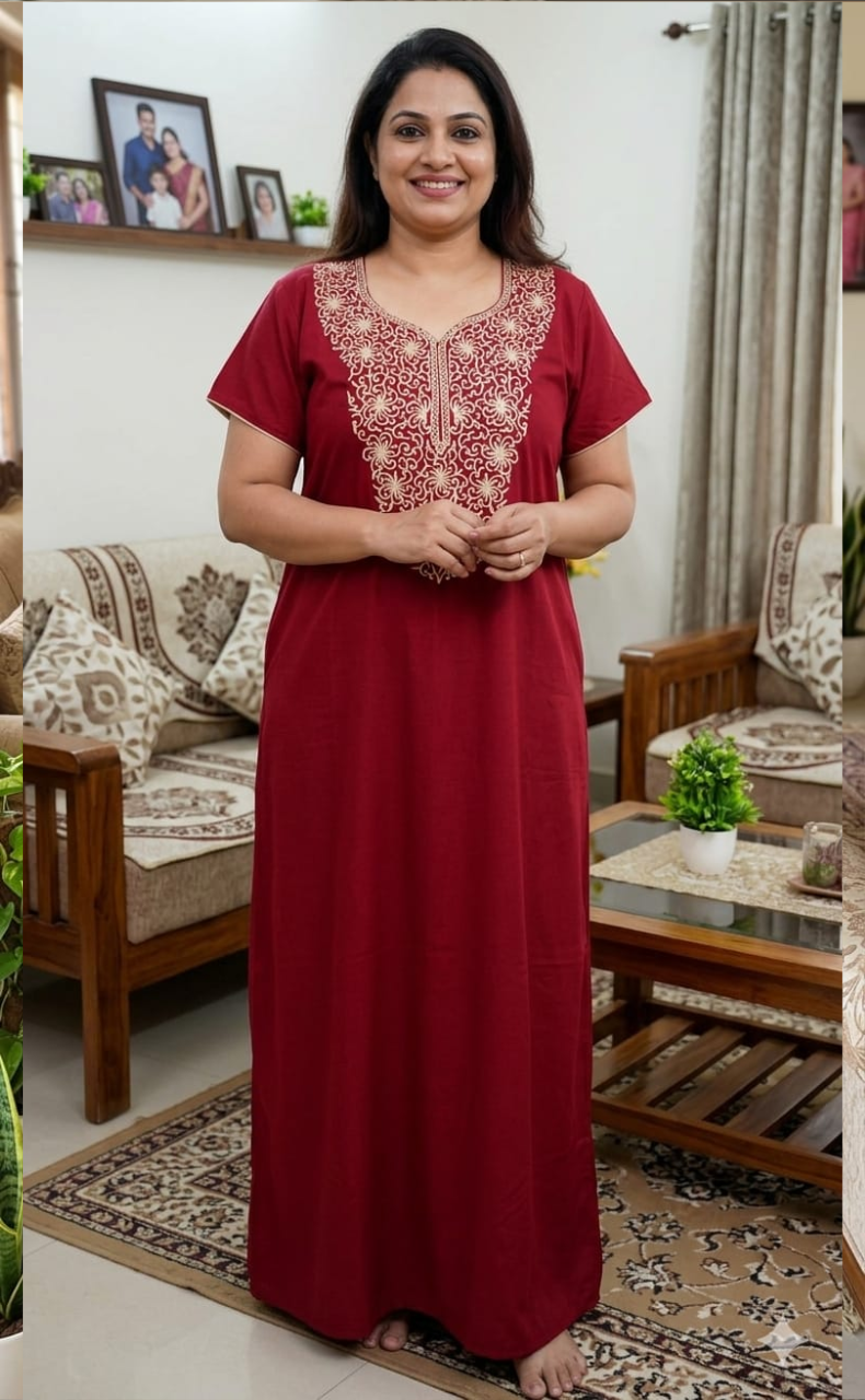 Maroon Lucknowi Embroidery Soft Cotton Nighty. Soft Breathable Fabric | Laces and Frills