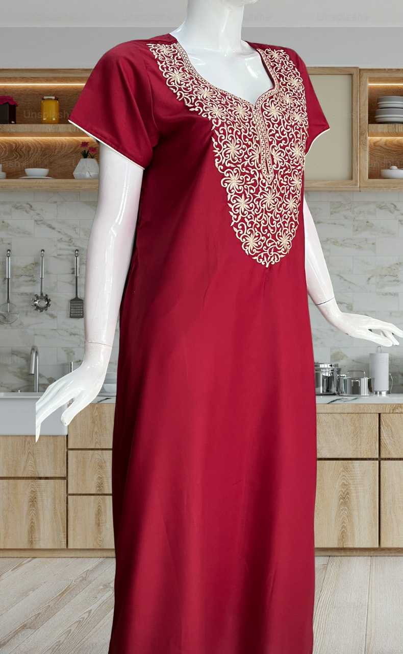 Maroon Lucknowi Embroidery Soft Cotton Nighty. Soft Breathable Fabric | Laces and Frills