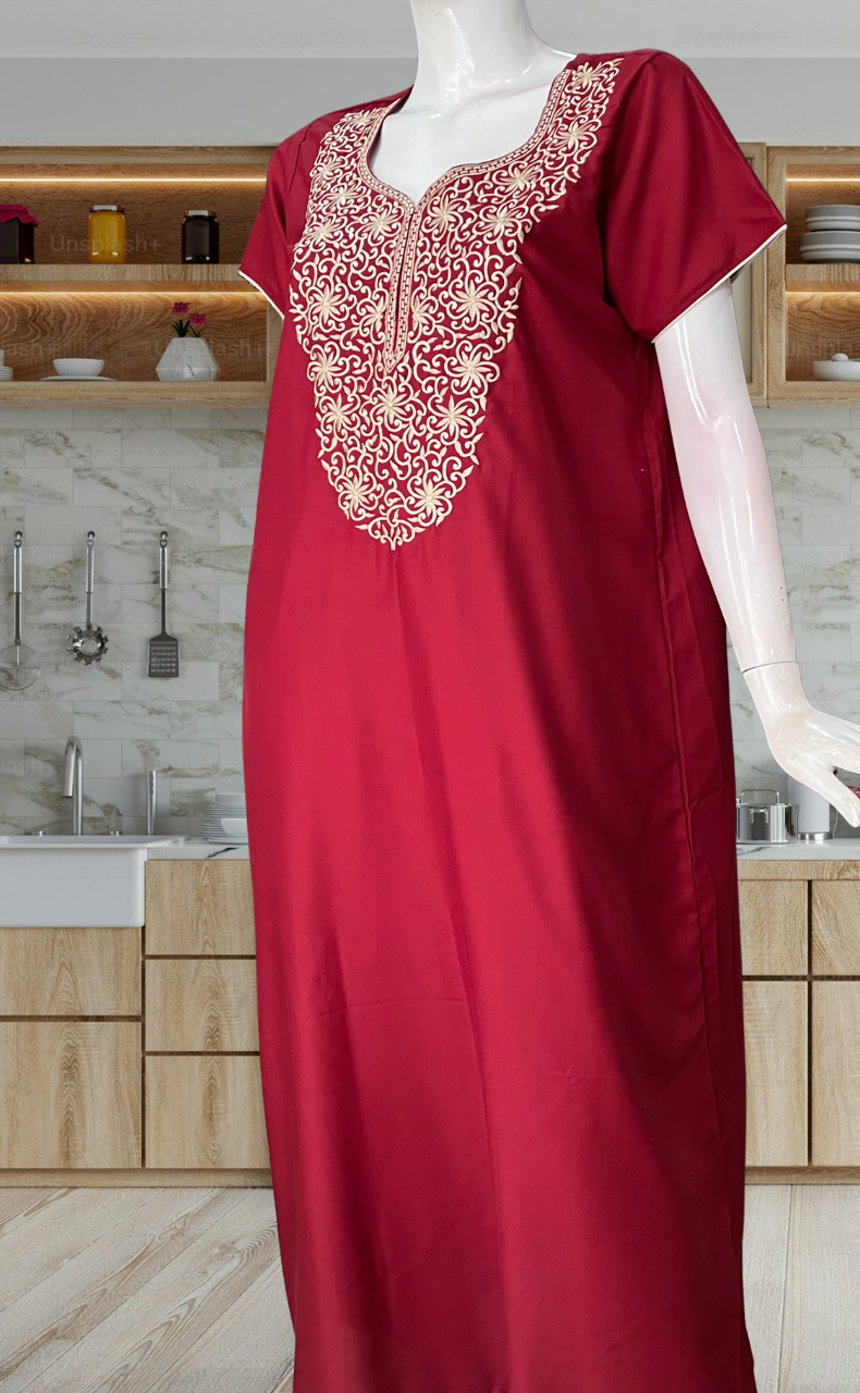 Maroon Lucknowi Embroidery Soft Cotton Nighty. Soft Breathable Fabric | Laces and Frills