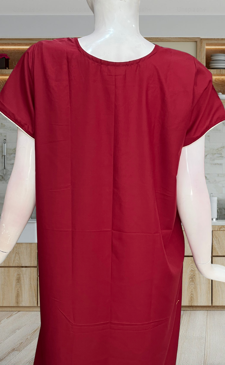 Maroon Lucknowi Embroidery Soft Cotton Nighty. Soft Breathable Fabric | Laces and Frills