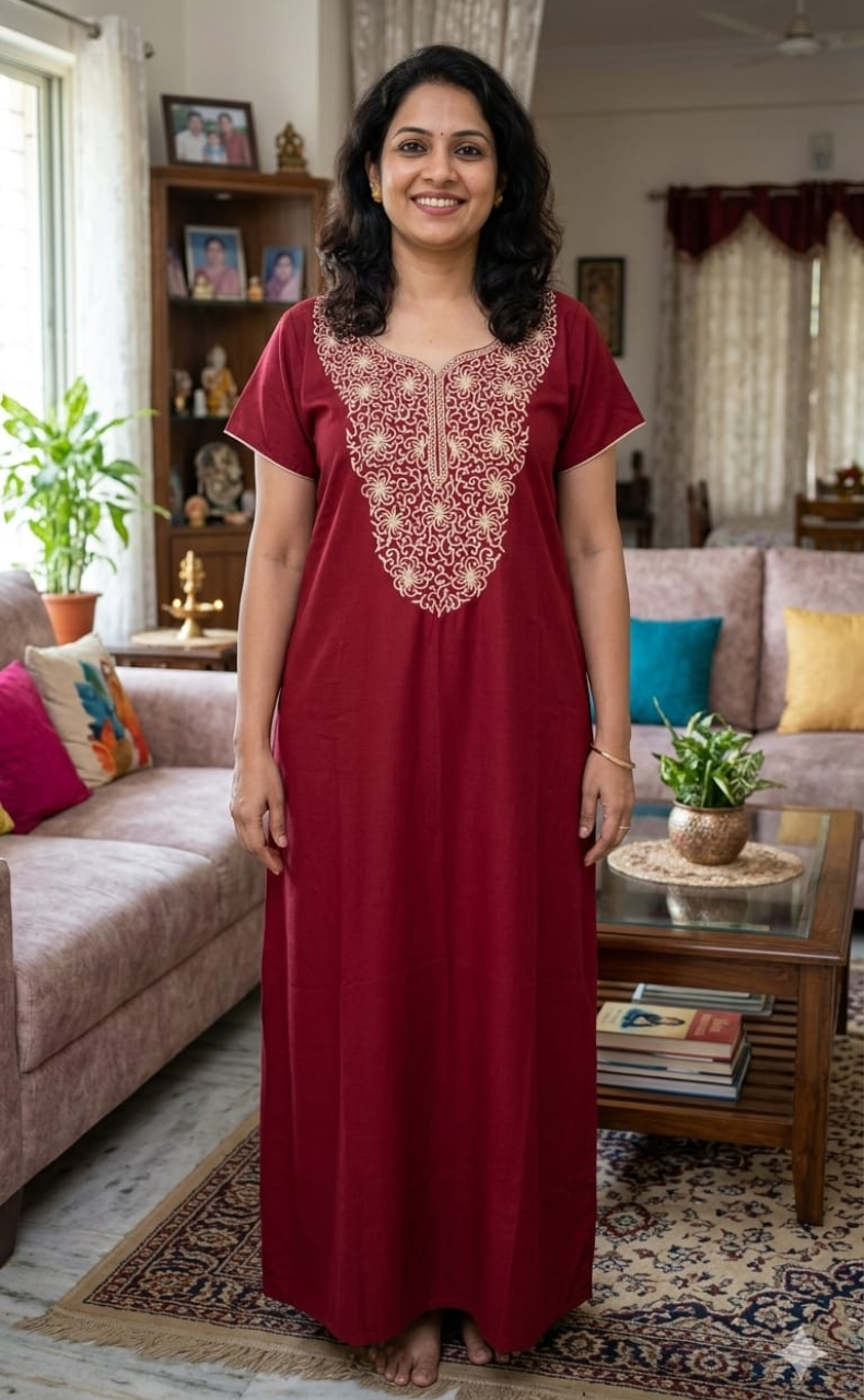 Maroon Lucknowi Embroidery Soft Cotton Nighty. Soft Breathable Fabric | Laces and Frills