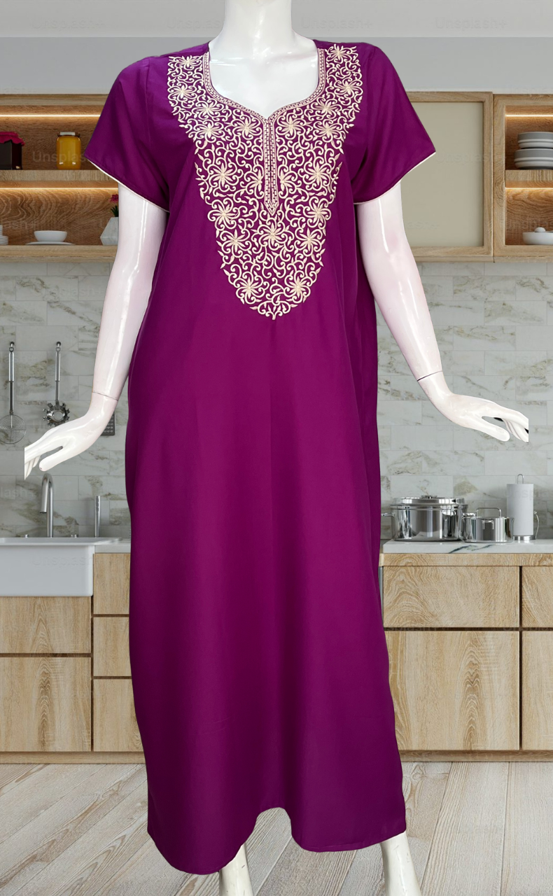 Purple Lucknowi Embroidery Soft Cotton Nighty. Soft Breathable Fabric | Laces and Frills